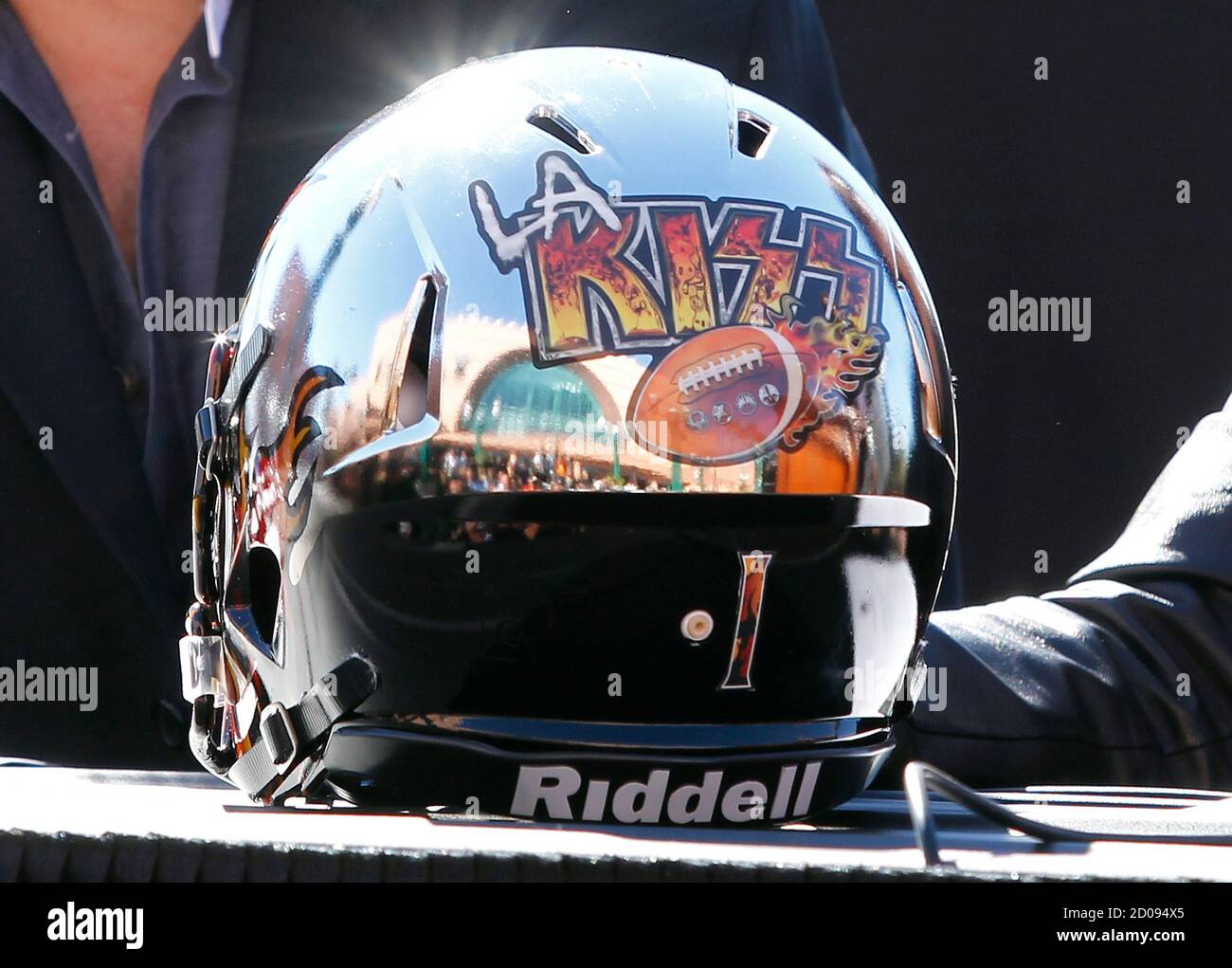 The back of a new helmet is seen at a news conference announcing rock band Kiss' part-ownership of an Arena Football League team, the Los Angeles Kiss, in Anaheim, California March 10, 2014. The LA Kiss will play their home games in Anaheim and the season kick-off will include a concert by Kiss. REUTERS/Alex Gallardo (UNITED STATES - Tags: SPORT ENTERTAINMENT) Stock Photo