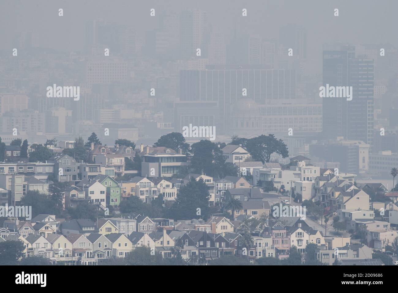 San Francisco, United States. 02nd Oct, 2020. Smoke from fires in Northern California lowers visability in San Francico on October 2, 2020. The Glass Fire in wine country has consumed 60,000 acres with smoke grounding any aerial attack. Photo by Terry Schmitt/UPI Credit: UPI/Alamy Live News Stock Photo