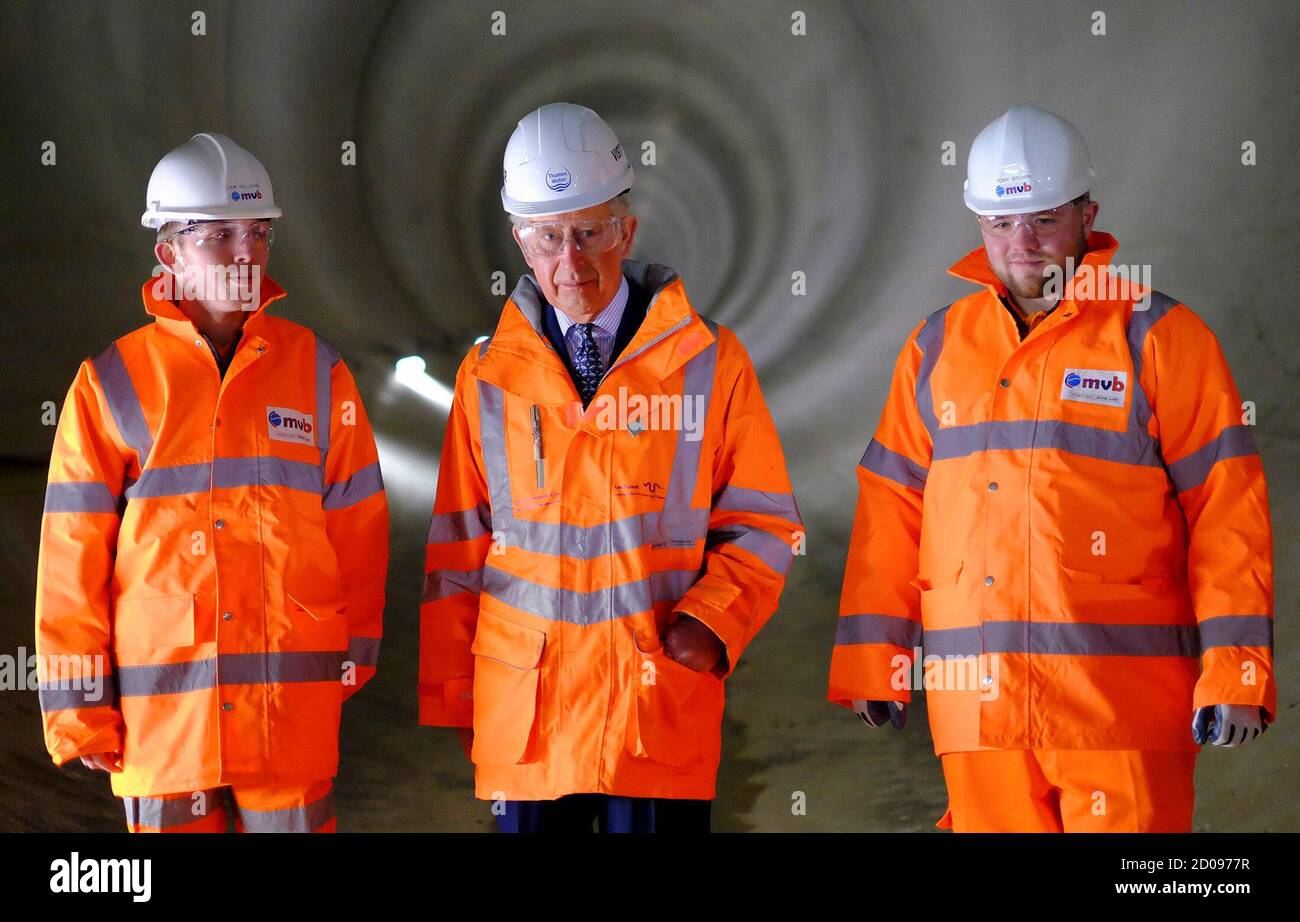 Britain's Prince Charles (C) visits the recently constructed Lee Tunnel to mark the 150th anniversary of London's sewer network at the Abbey Mills Pumping Station in East London,  February 18, 2015. REUTERS/POOL/Christopher Pledger (BRITAIN - Tags: ROYALS ENVIRONMENT) Stock Photo