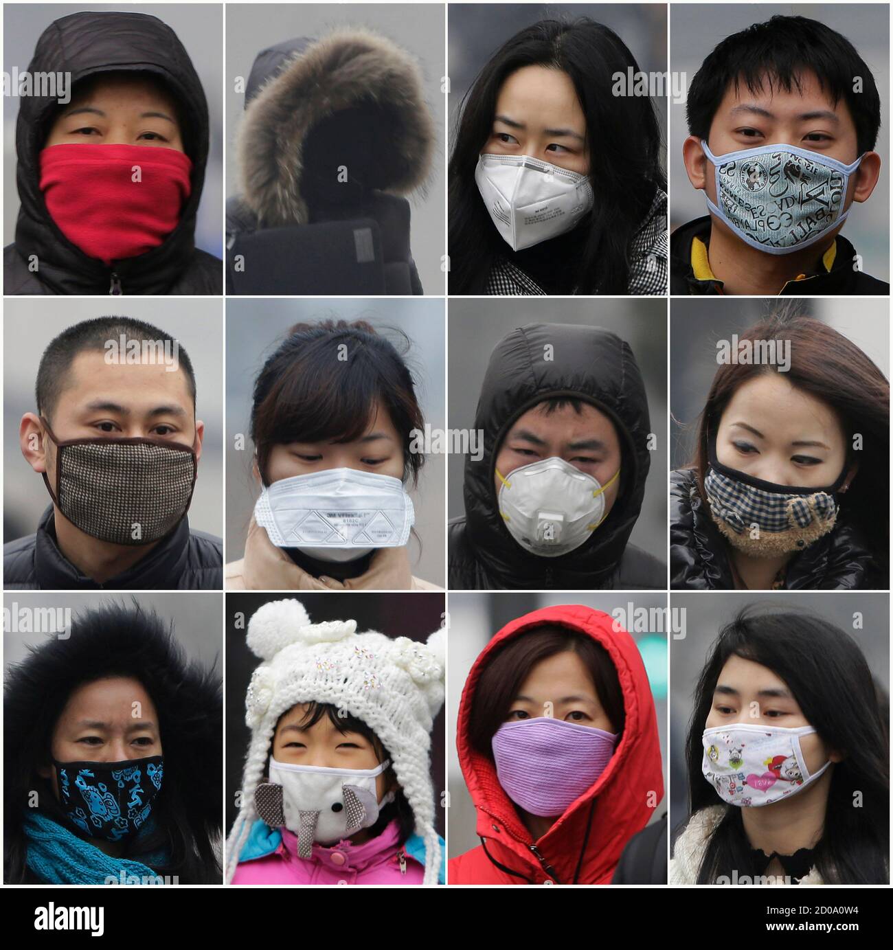 A combination photograph shows people wearing masks on a heavy haze day  during winter in Beijing January 29, 2013. Beijing's air pollution returns  to 'hazardous' levels, two weeks after record readings of