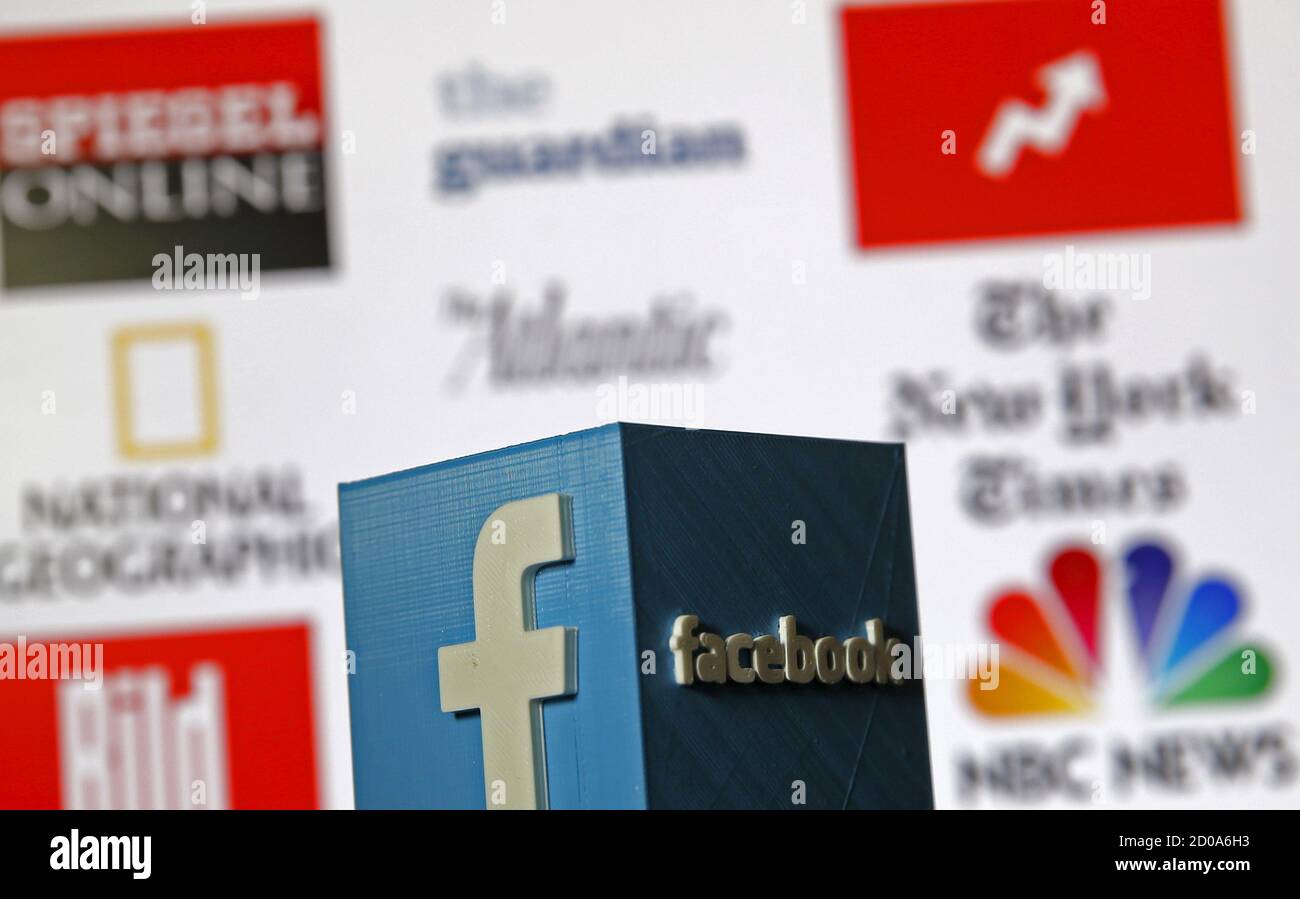 A 3D-printed Facebook logo is seen in front of logos of news publishers it has tied up with, in this picture illustration made in Zenica, Bosnia and Herzegovina on May 15, 2015. Facebook Inc tied up with nine news publishers to launch 'Instant Articles' that will let them publish articles directly to the social network's mobile news feeds. Instant Articles will let stories load more than 10 times faster than standard mobile web articles and will include content from publishers such as the New York Times, BuzzFeed and National Geographic, Facebook said in a blog post on its website. The other l Stock Photo