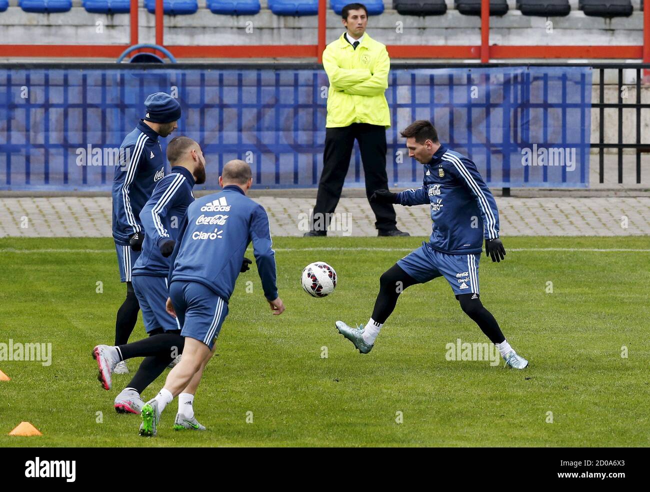 Argentina S National Soccer Team Players Lionel Messi R Javier Mascherano L Nicolas Otamendi 2nd L And Pablo Zabaleta Participate In A Team Training Session In Concepcion Chile July 1 2015 Argentina Will