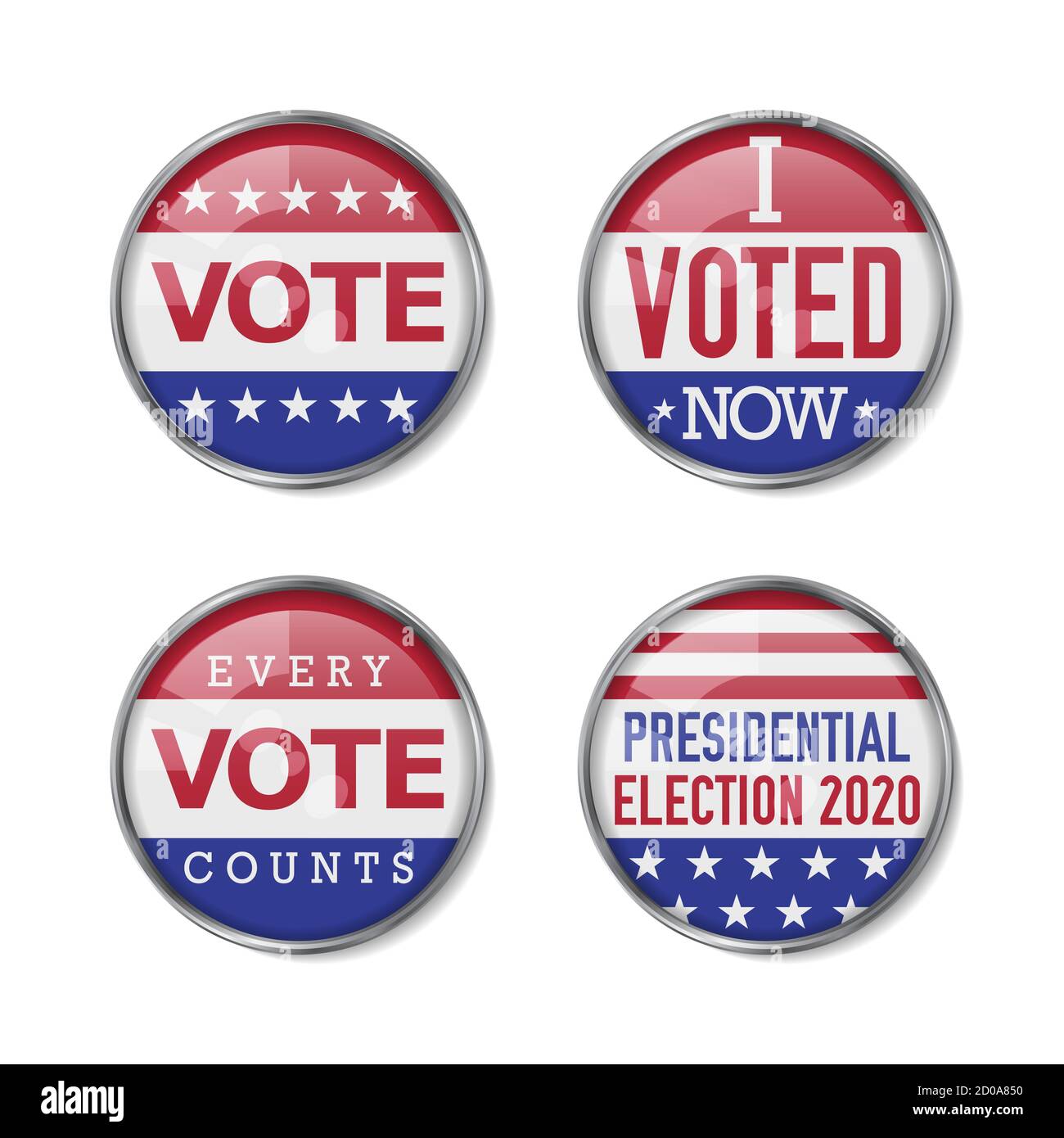 Voting badge realistic set. 2020 United States presidential election. illustration. Stock Photo