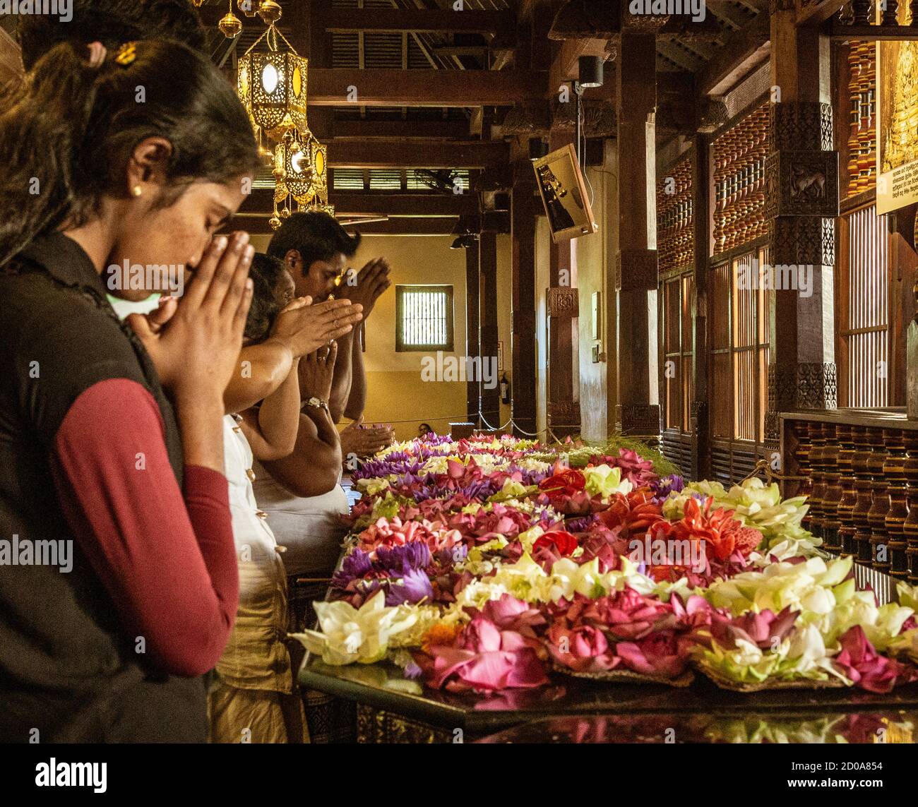 Kandy, Sri Lanka - 09-03-24 - People Place Flowers on Dais and Then Pray to Hindu Gods. Stock Photo