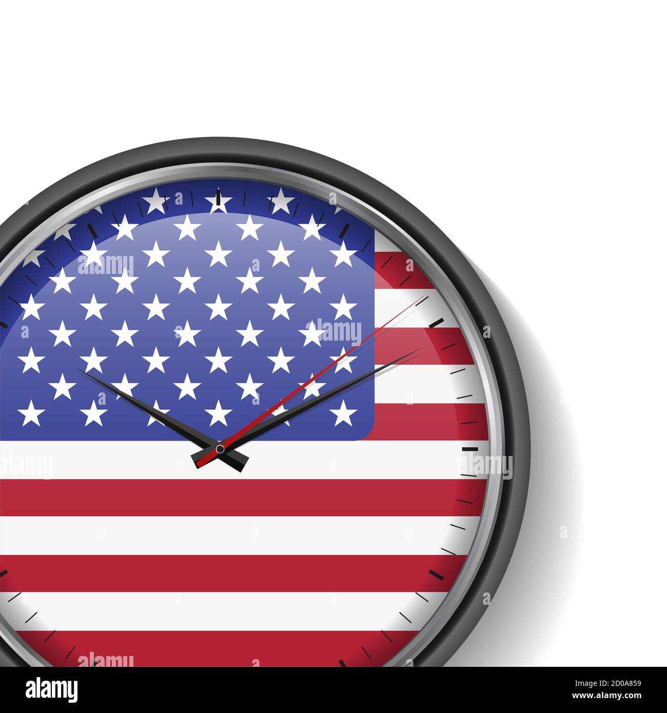 US flag clock with shadow on white background. Time to make a decision, America. illustration. Stock Photo