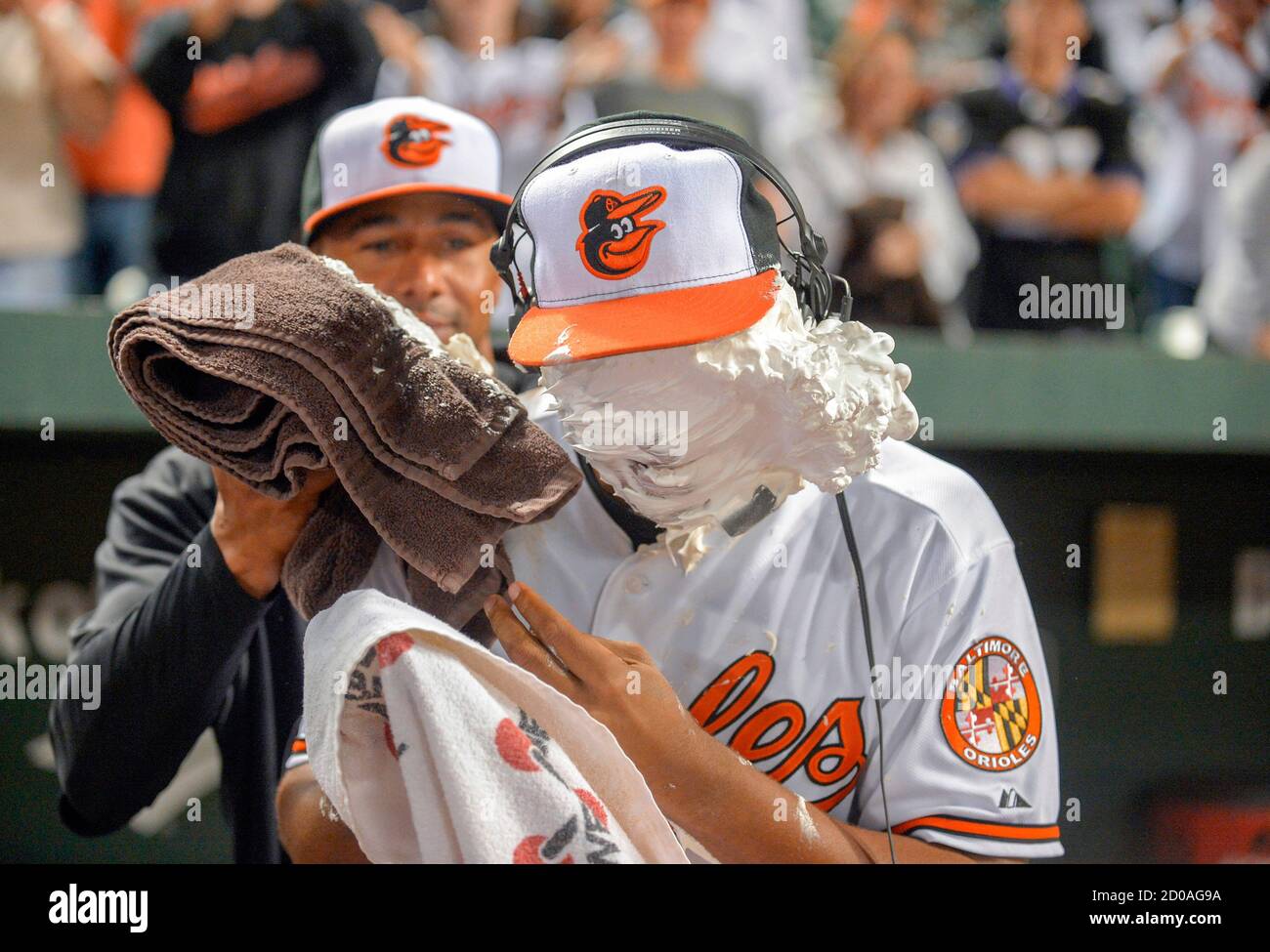 After getting his first major league base hit and his first major league  home run against the Toronto Blue Jays, Baltimore Orioles second baseman  Jonathan Schoop gets a shaving cream pie to