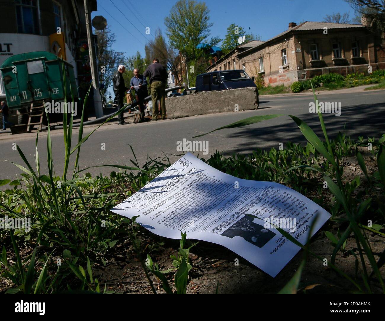 A leaflet, dropped from a Ukrainian helicopter, is seen in Slaviansk April 25, 2014. Ukrainian Prime Minister Arseny Yatseniuk accused Russia on Friday of wanting to start World War Three by occupying Ukraine 'militarily and politically'.  REUTERS/Gleb Garanich  (UKRAINE - Tags: POLITICS CIVIL UNREST) Stock Photo
