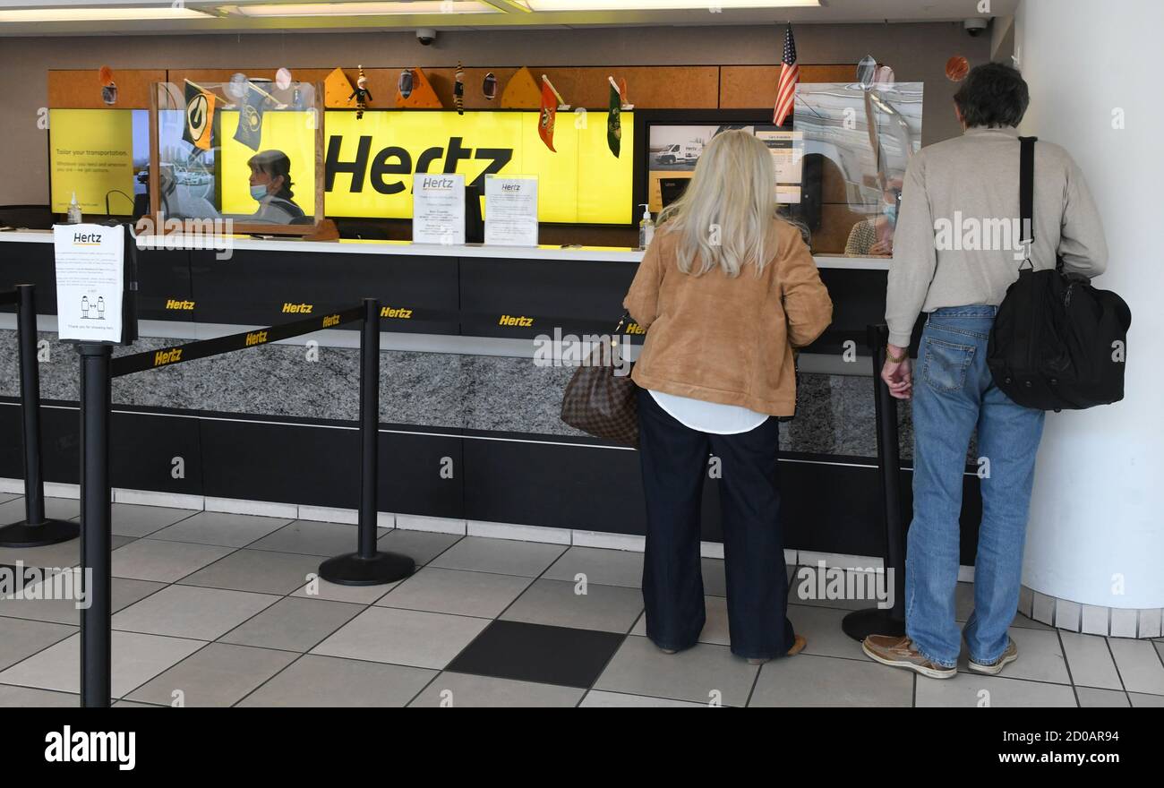 Milwaukee, Wisconsin, USA. 2nd Oct, 2020. The Hertz car rental counter at General Mitchell International Airport in Milwaukee, Wisconsin is shown Friday October 2, 2020. Hertz filed for bankruptcy in May after 100 years in business. (Credit Image: © Mark HertzbergZUMA Wire) Stock Photo