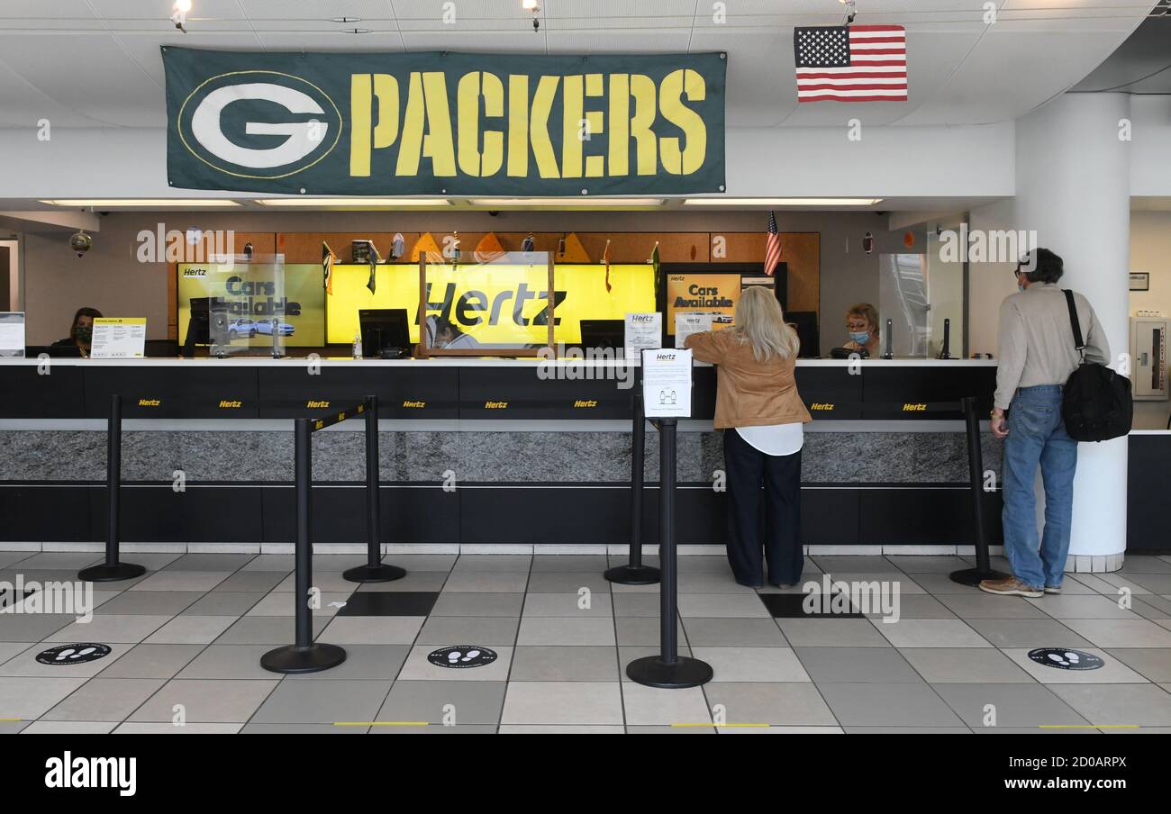 Milwaukee, Wisconsin, USA. 2nd Oct, 2020. The Hertz car rental counter at General Mitchell International Airport in Milwaukee, Wisconsin is shown Friday October 2, 2020. Hertz filed for bankruptcy in May after 100 years in business. (Credit Image: © Mark HertzbergZUMA Wire) Stock Photo