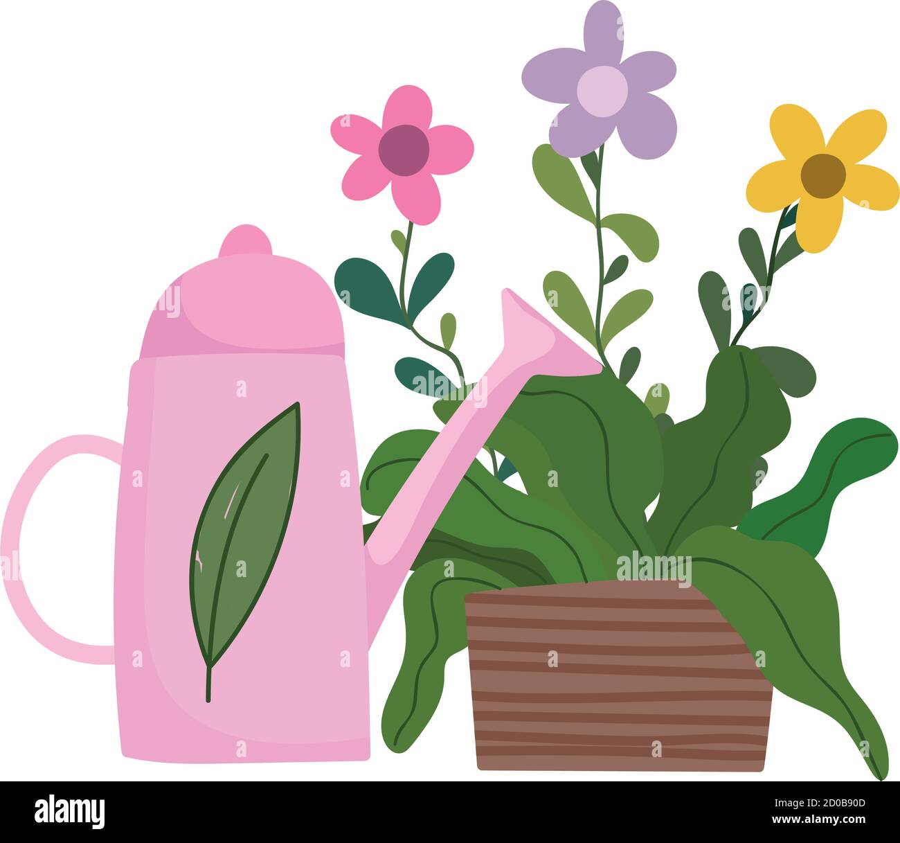 happy garden, watering can and flowers in pot decoration vector ...
