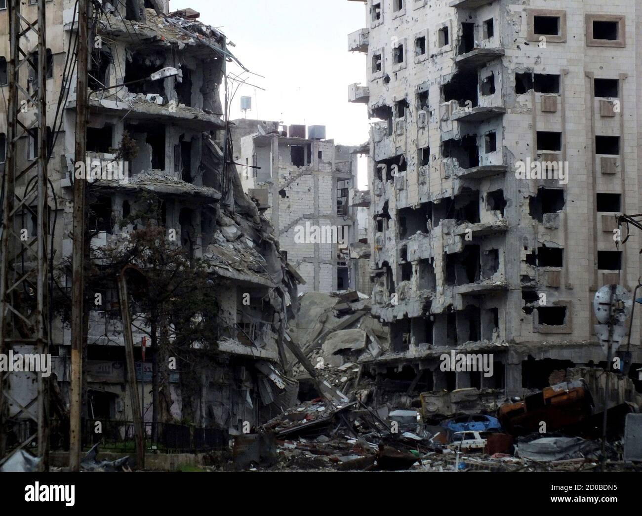 A general view of damaged buildings in Jouret al-Shayah, Homs February 2, 2013. Picture taken on February 2, 2013. REUTERS/Yazen Homsy (SYRIA - Tags: CONFLICT POLITICS CIVIL UNREST) Stock Photo