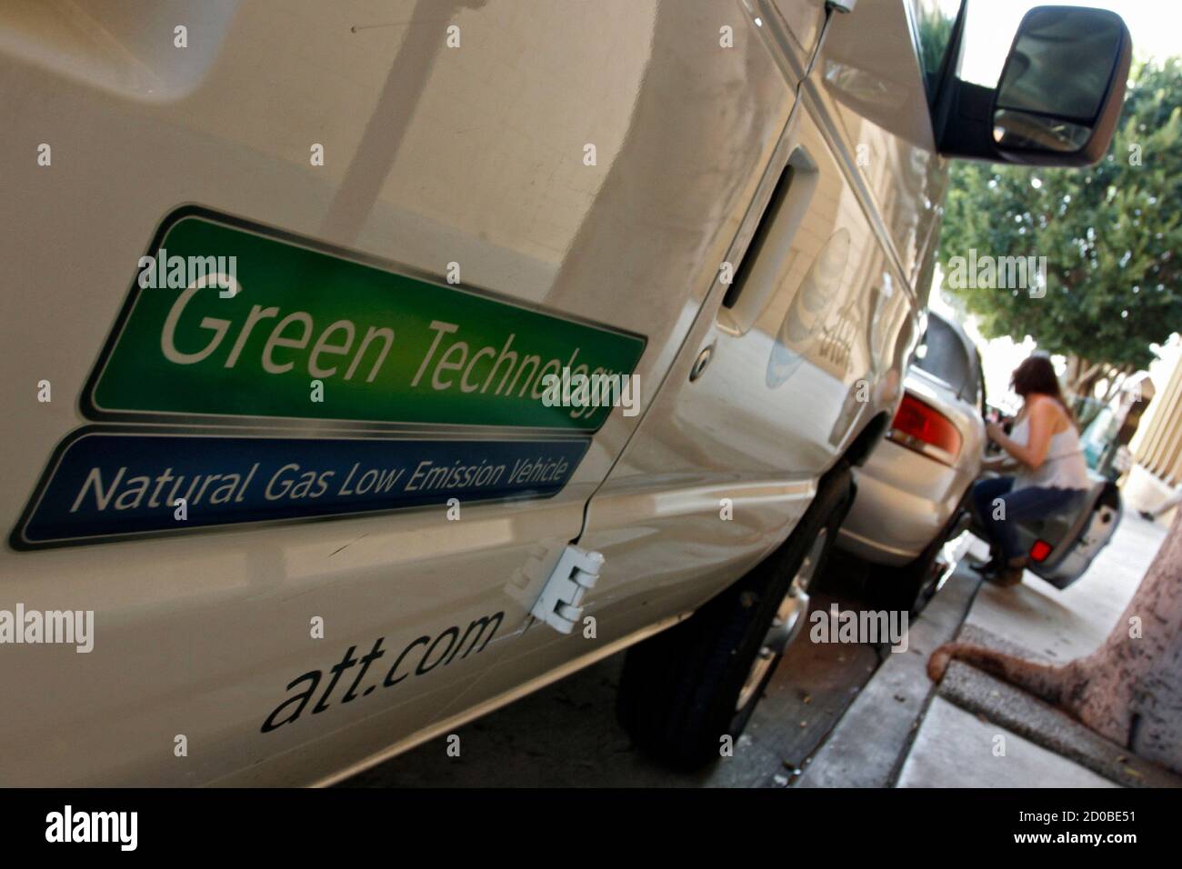 A natural gas-powered AT&T van is seen parked in Hollywood, California,  March 21, 2013. U.S. truckers considering natural gas as an alternative to  high-priced diesel say the cost of vehicles that run