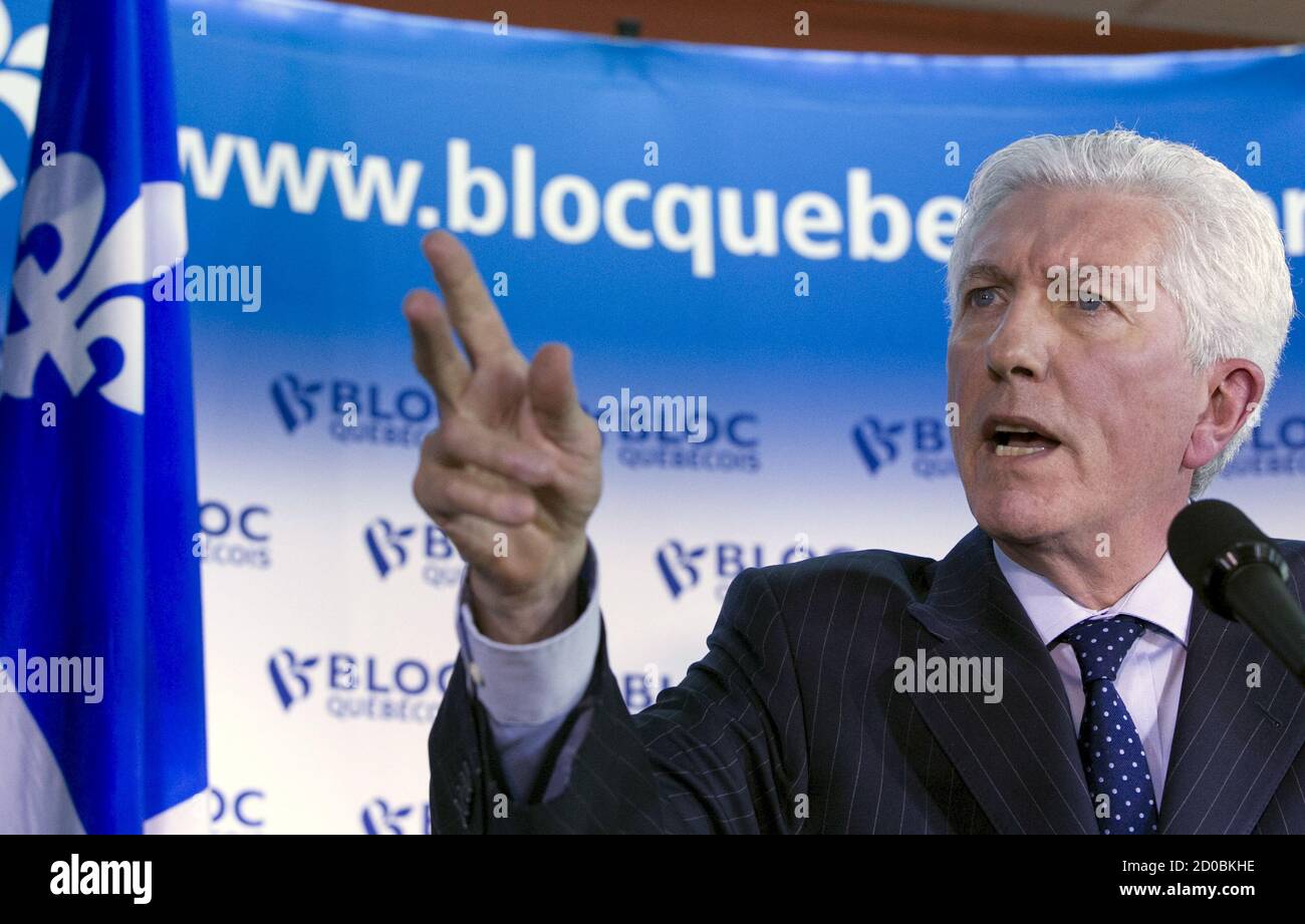 Gilles Duceppe gestures as he announces his return to federal politics as leader of the Bloc Quebecois, during a news conference in Montreal June 10, 2015.  REUTERS/Christinne Muschi Stock Photo