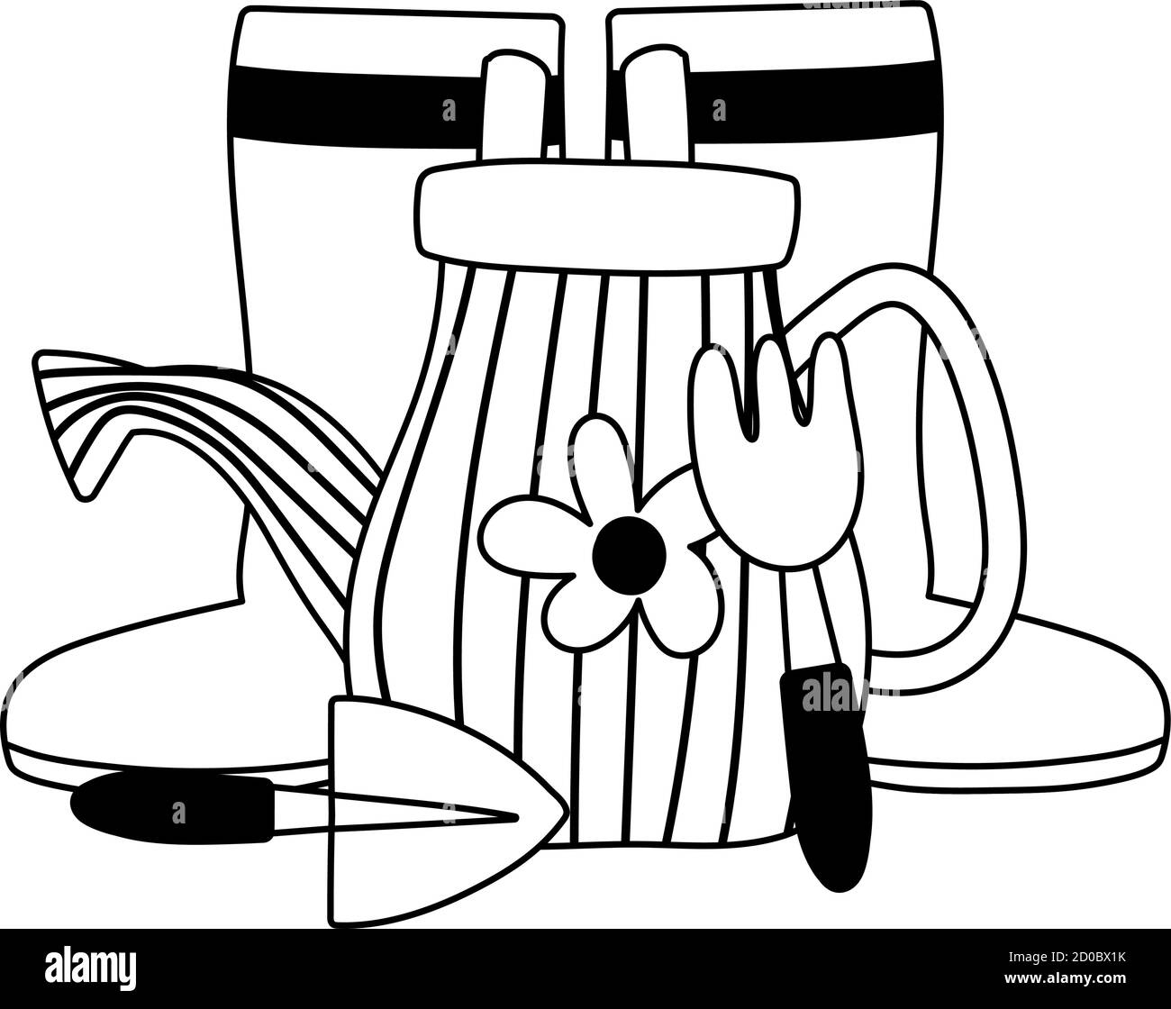 gardening, watering can boots rake and shovel tools vector illustration ...