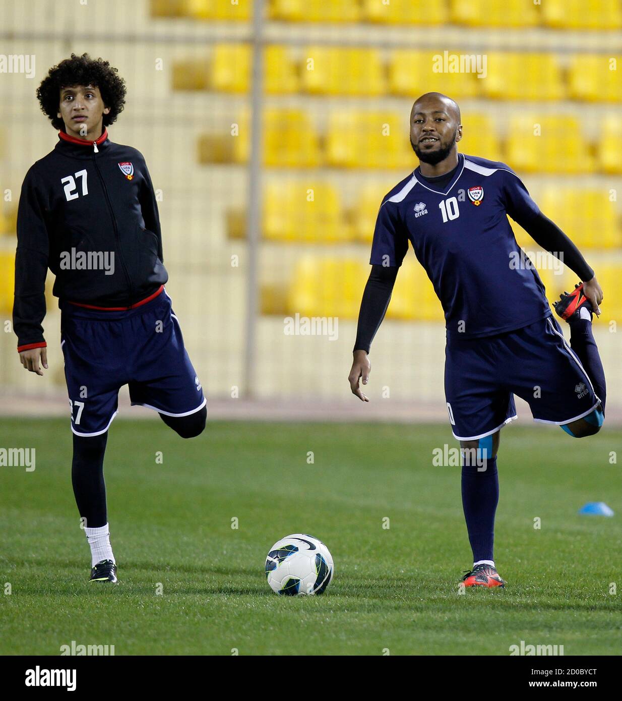 UAE's Omar Abdulrahman (L) and Ismail Matar attend a training session at Al- Ahli Sports Club in Manama January 4, 2013. United Arab Emirates will play  against Qatar during the 21st Gulf Cup