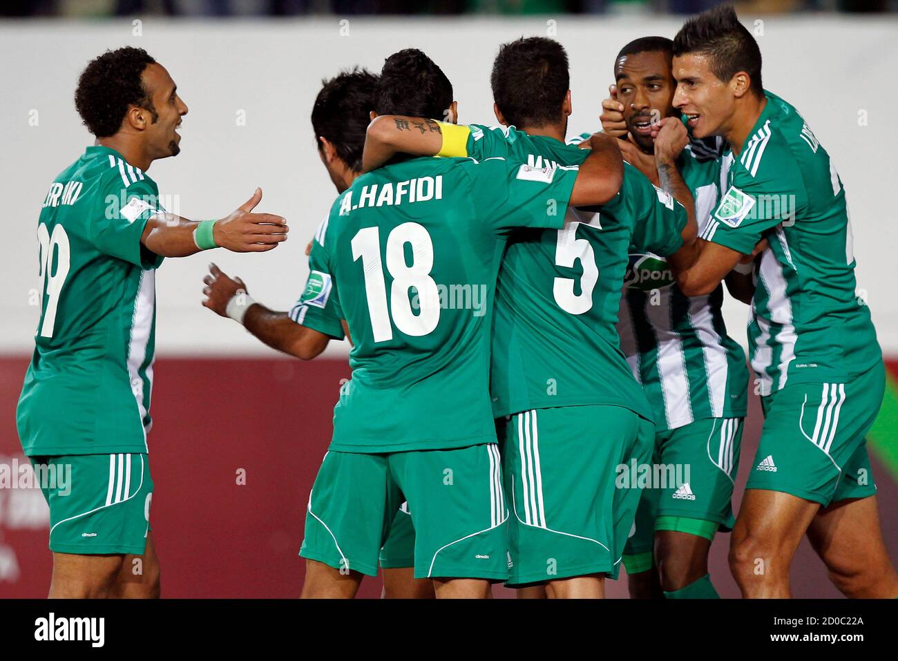 Mouhssine Iajour 2nd R Of Raja Casablanca Celebrates His Goal Against Auckland City Fc With Teammates During Their Fifa Club World Cup Soccer Match At Agadir Stadium In Agadir December 11 13