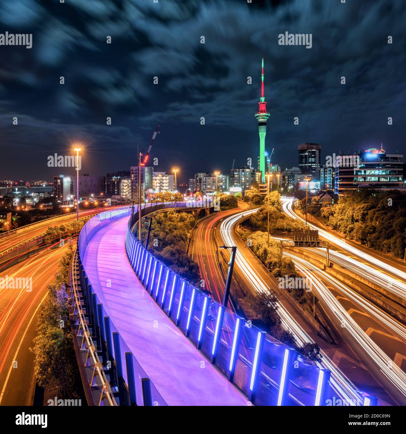 Auckland city night skyline with city center and Auckland Sky Tower