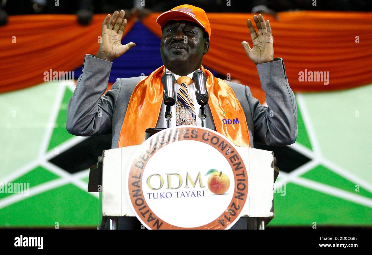 Orange Democratic Movement (ODM) party leader Raila Odinga addresses the National delegates convention to elect new party national office bearers in Kenya's capital Nairobi, February 28, 2014. Elections for the Orange Democratic Party were thrown into disarray on Friday afternoon after a group demanded the production of registers, before turning violent, local media reported. REUTERS/Thomas Mukoya (KENYA - Tags: POLITICS ELECTIONS) Stock Photo