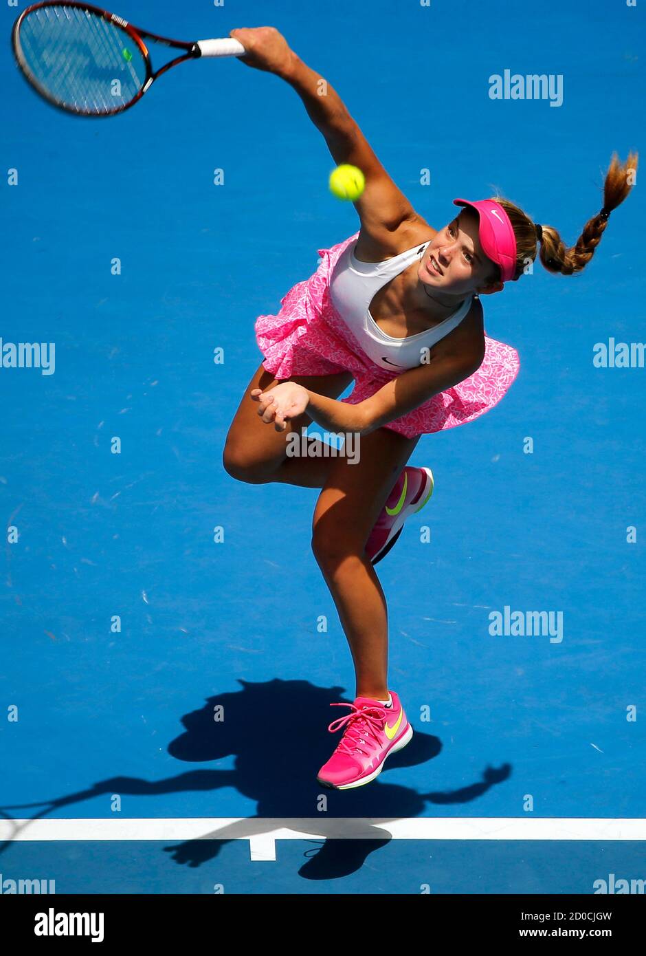 Britain's Katie Swan serves to Slovakia's Tereza Mihalikova during their  junior girls' singles final at the Australian Open tennis tournament in  Melbourne January 31, 2015. REUTERS/Carlos Barria (AUSTRALIA - Tags: SPORT  TENNIS