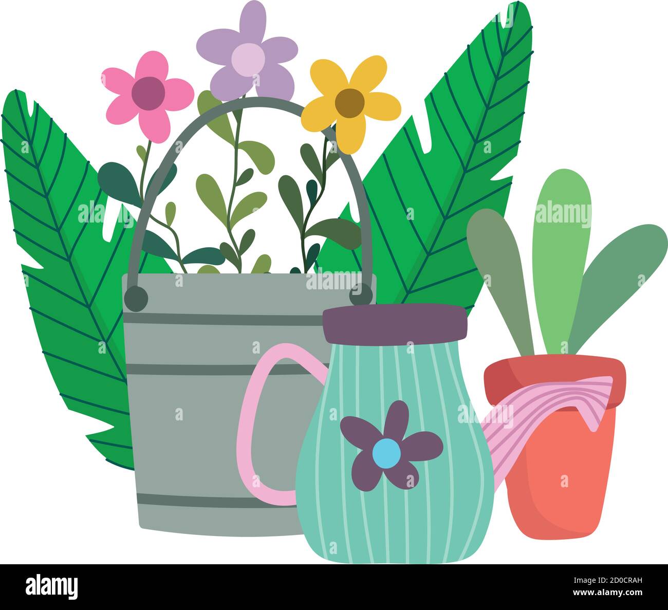 happy garden, bucket watering can boot flowers and potted plant vector ...