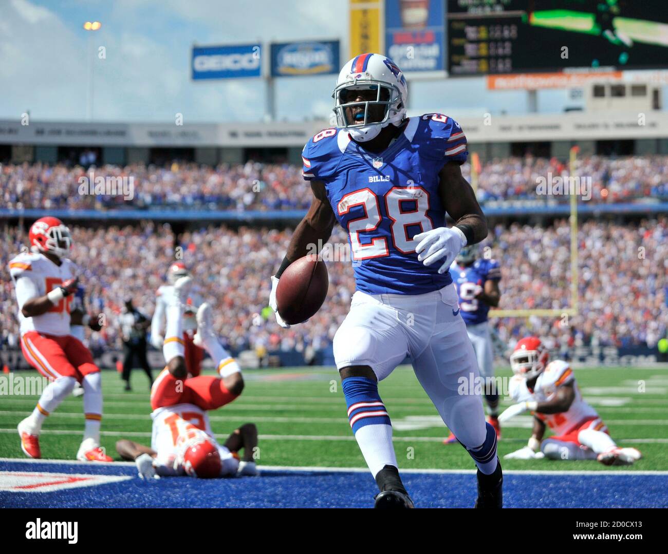 Buffalo Bills running back C.J. Spiller (28) run for a touchdown against  the Kansas City Chiefs in the first quarter of their NFL football game in  Orchard Park, New York September 16,