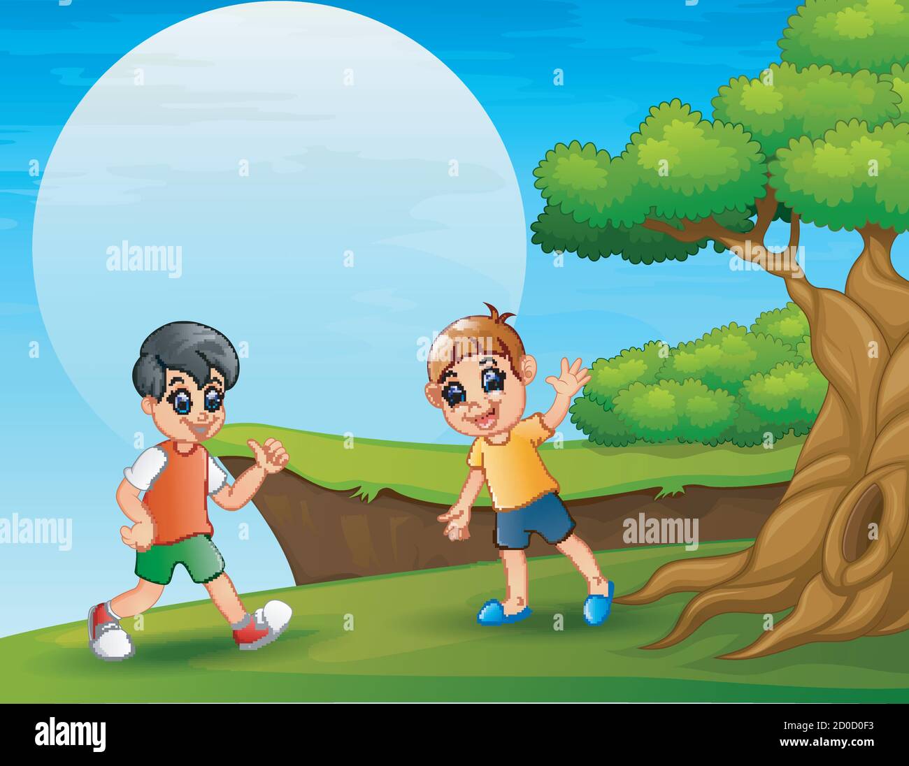 Vector illustration of Cartoon two boy playing near the cliff Stock Vector