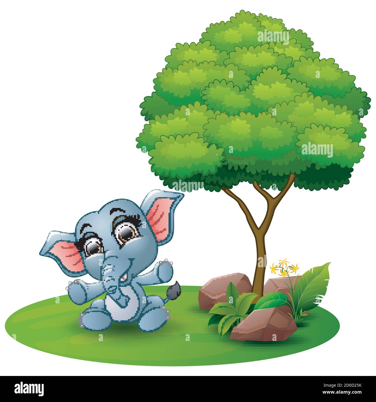 Cartoon baby elephant sitting under a tree on a white background Stock Vector