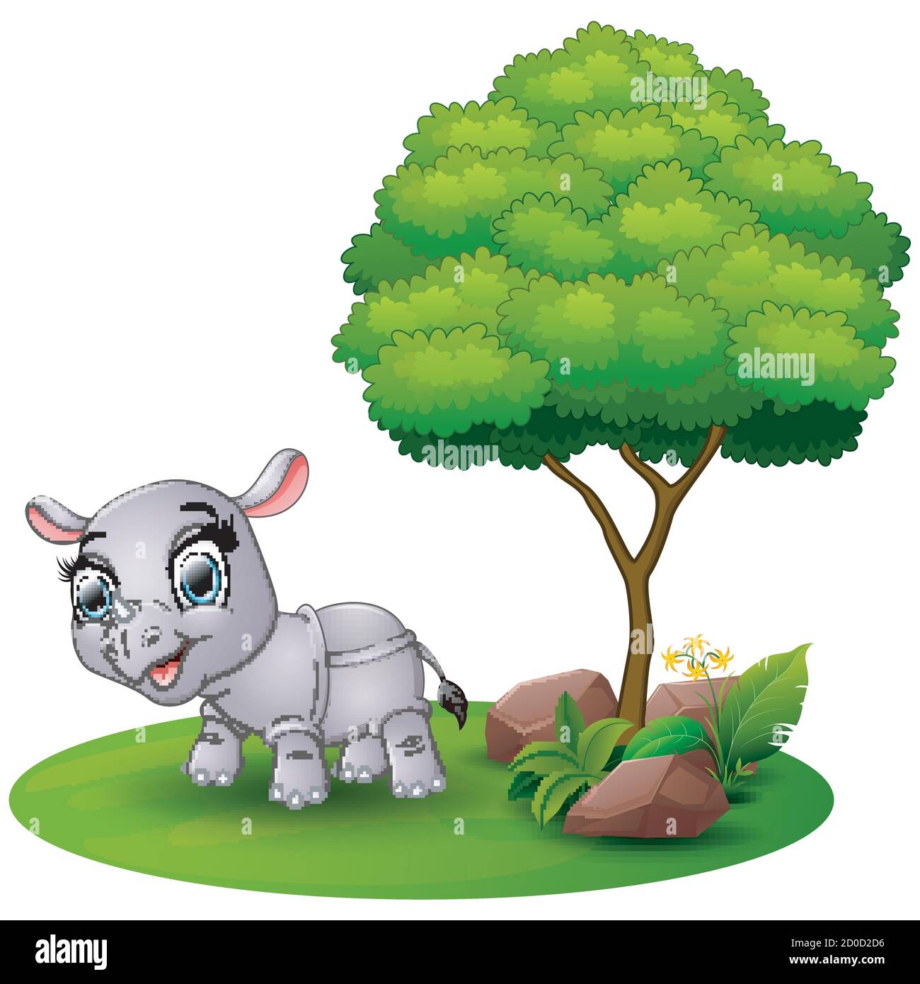 Vector illustration of Cartoon rhino under a tree on a white background Stock Vector