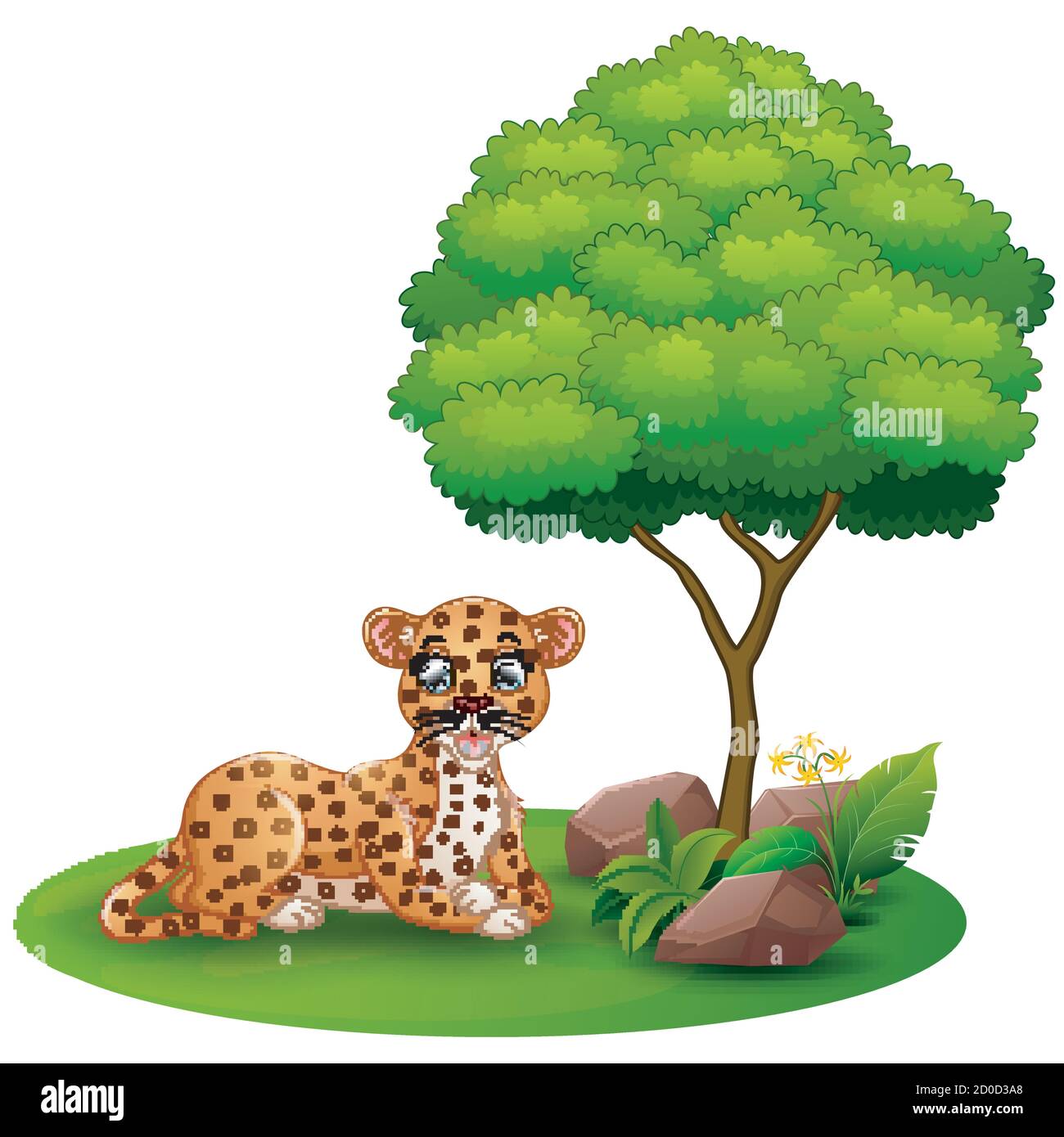 Vector illustration of Cartoon leopard lay down under a tree on a white ...