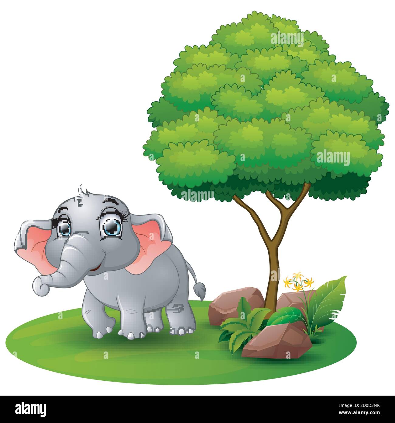 Cartoon elephant under a tree on a white background Stock Vector