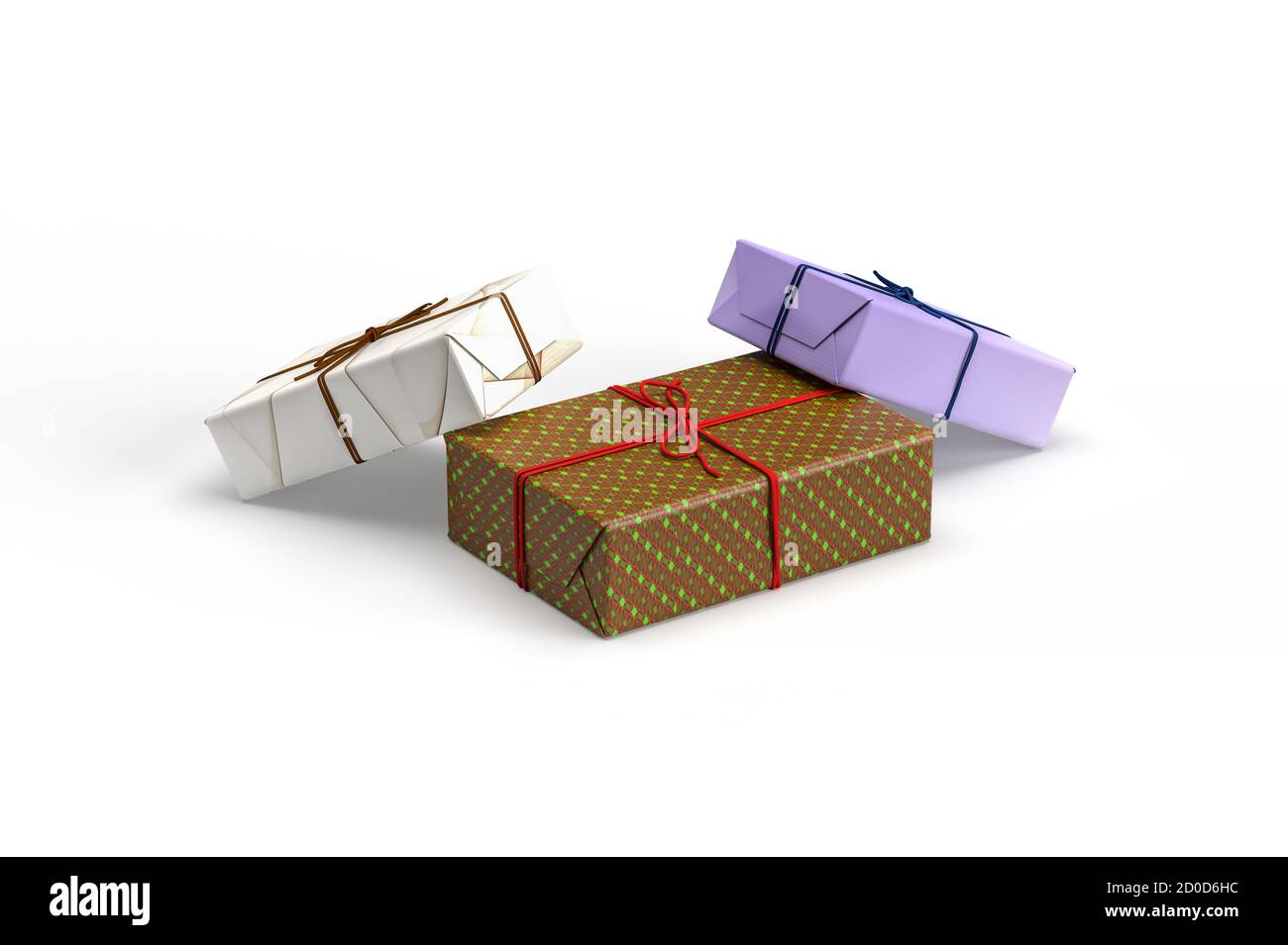 Three gift boxes wrapped in decorative paper with colored strings ...