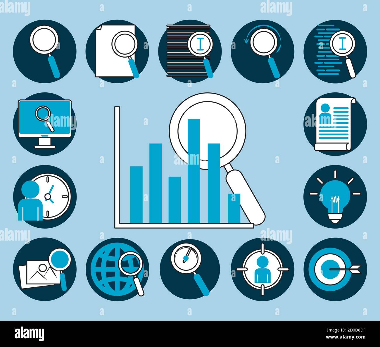 search icons, mobile browser technology explore thin blue line and fill vector illustration Stock Vector