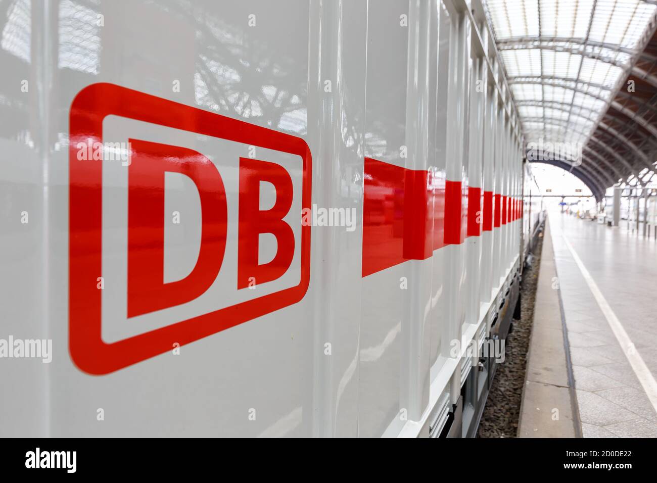 Leipzig, Germany - August 19, 2020: DB logo Deutsche Bahn German railways IC2 Intercity 2 train at Leipzig main station railway in Germany. Stock Photo