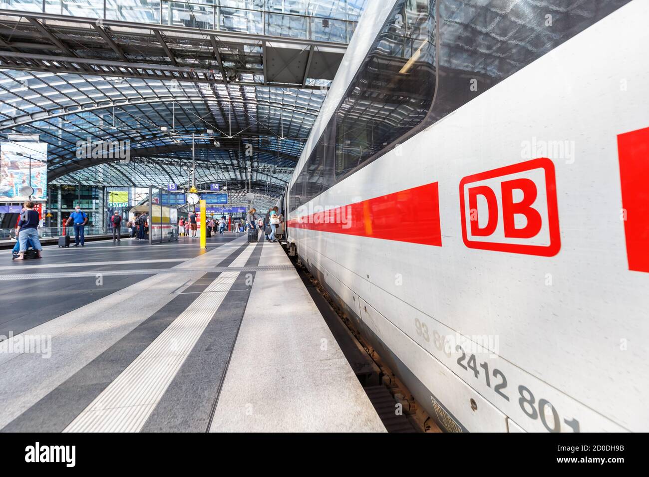 Berlin, Germany - August 20, 2020: DB logo Deutsche Bahn German railways ICE 4 high-speed train at Berlin main railway station Hauptbahnhof Hbf in Ger Stock Photo