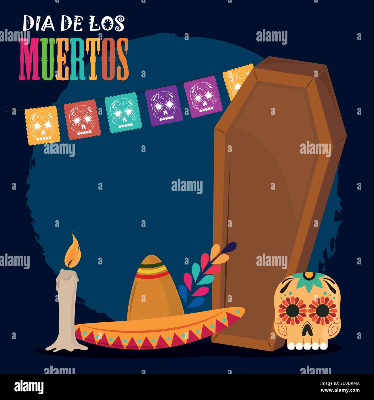 day of the dead, coffin hat candle and skull, mexican celebration ...