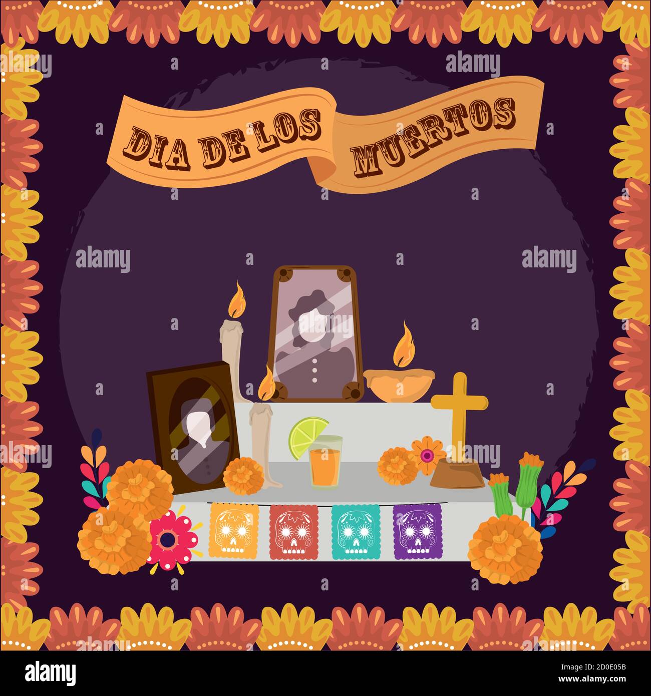 day of the dead, altar family photo candles marigold flowers, mexican