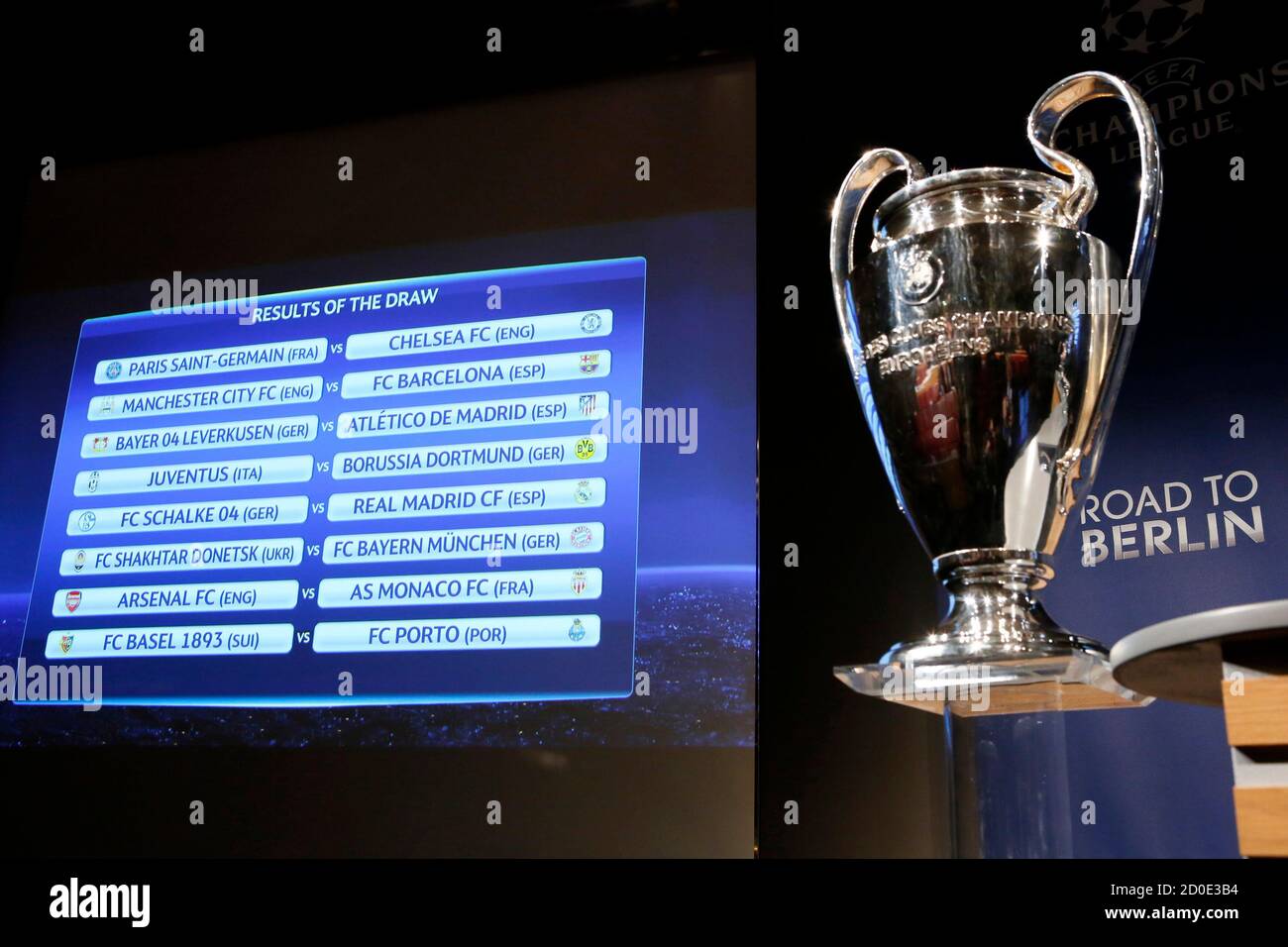 A screen shows the results of the Champions League 2014/2015 quarter-final  draw at the UEFA headquarters in Nyon, March 20, 2015. REUTERS/Pierre  Albouy Stock Photo - Alamy