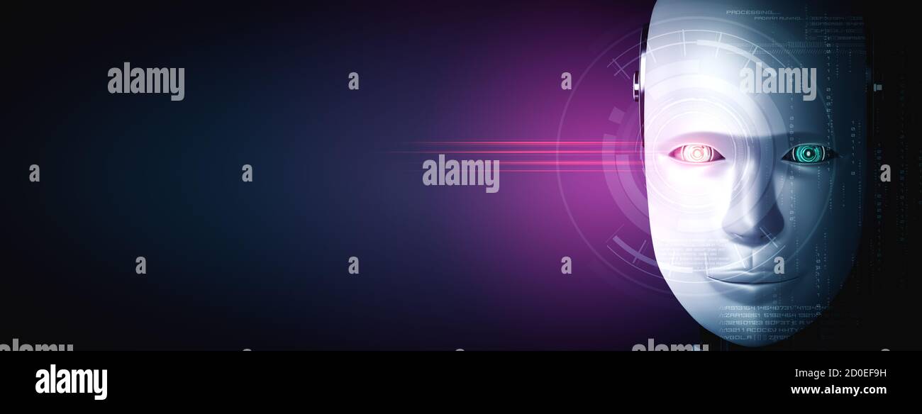 Robot humanoid face close up with graphic concept of AI thinking brain , artificial intelligence and machine learning process for the 4th fourth Stock Photo