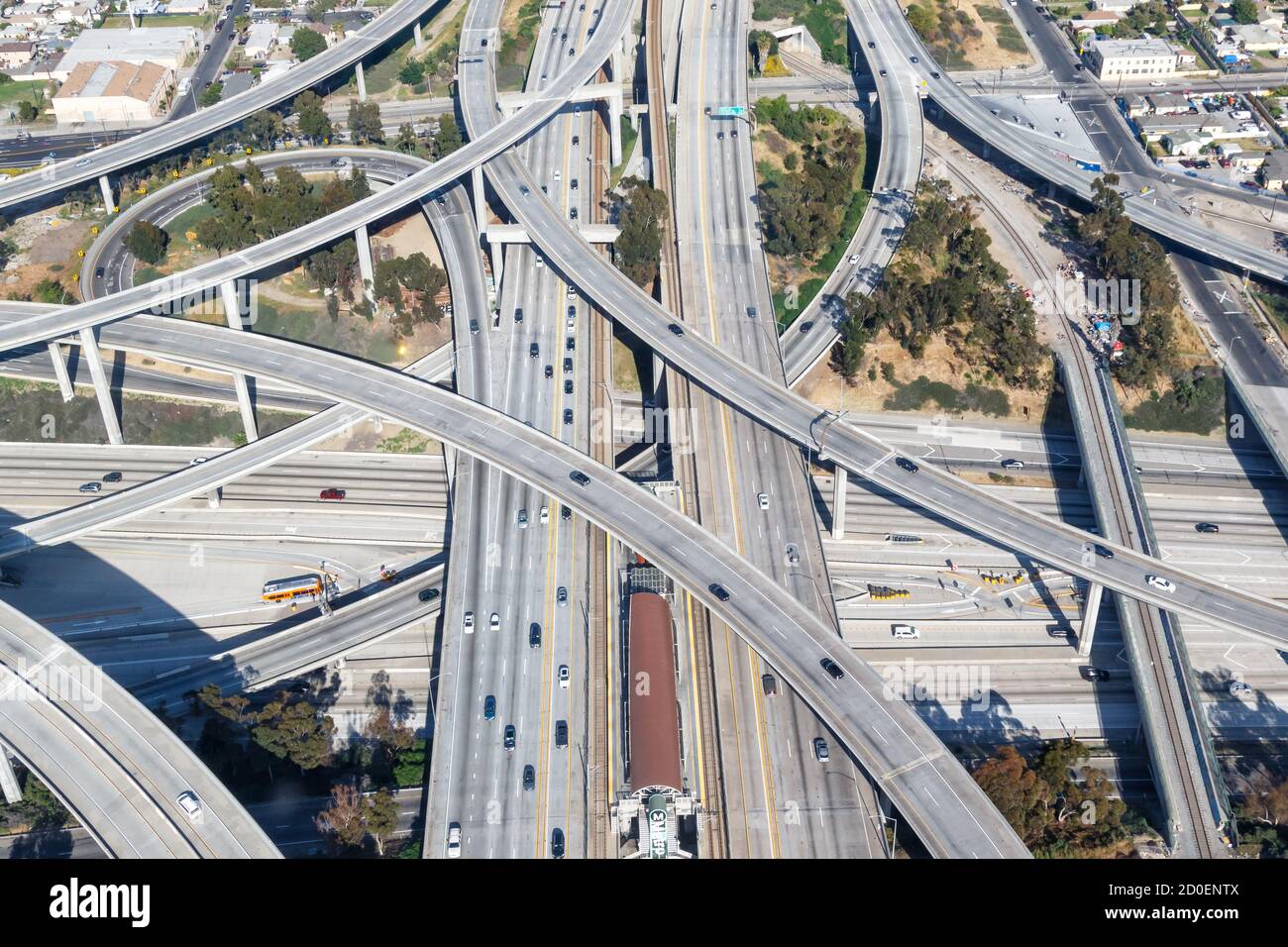 Century Harbor Freeway interchange intersection junction Highway Los Angeles roads traffic America city aerial top view photo Stock Photo