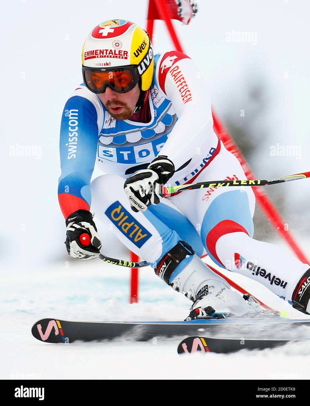 Vitus Lueoend of Switzerland turns past a gate during alpine skiing training for the Men's World Cup downhill in Lake Louise, Alberta November 21, 2012.  REUTERS/Mike Blake  (CANADA - Tags: SPORT SKIING) Stock Photo