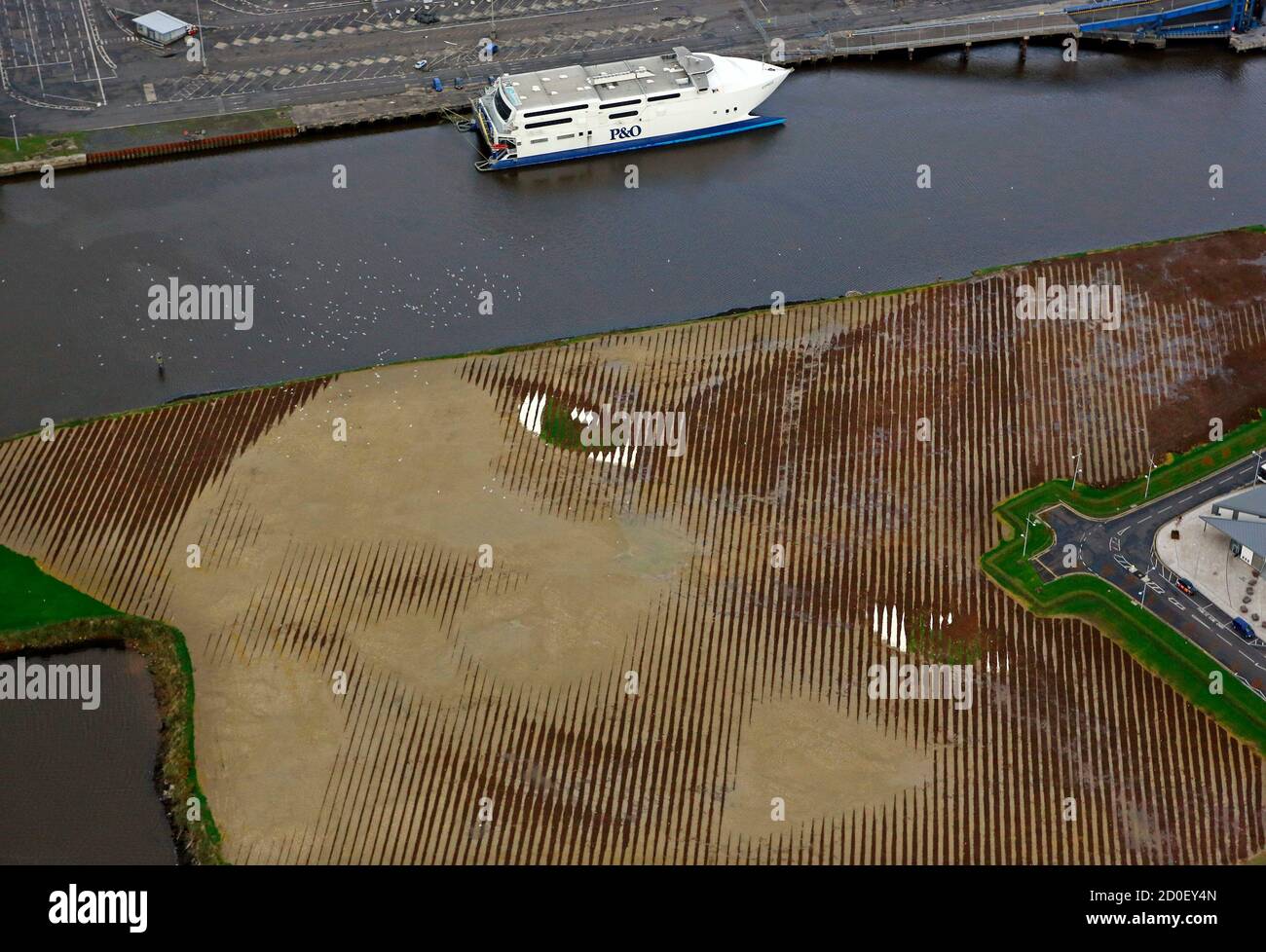 A piece of land art entitled 'Wish' showing the face of an anonymous six-year-old local Belfast girl is seen in this aerial view of the Titanic quarter in Belfast October 23, 2013. The artwork by Cuban-American artist Jorge Rodriguez-Gerada spans 11 acres, is made up from 2,000 tonnes of sand, 2,000 tonnes of soil and some 30,000 wooden pegs. It will remain on view until December 2013.  REUTERS/Cathal McNaughton (NORTHERN IRELAND - Tags: ENTERTAINMENT SOCIETY ENVIRONMENT) Stock Photo