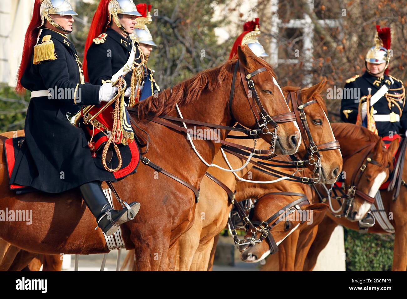 French mounted Republican Guard waits for the arrival of South African  President Jacob Zuma at the National Assembly in Paris March 3, 2011.  REUTERS/Charles Platiau (FRANCE - Tags: POLITICS ANIMALS MILITARY Stock