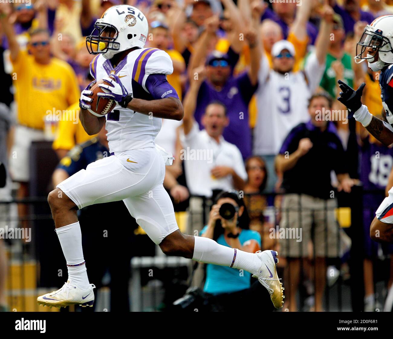 Louisiana State University wide receiver Rueben Randel (2) runs into the  end zone while scoring on a touchdown pass against Auburn University during  their NCAA football game in Baton Rouge, Louisiana October