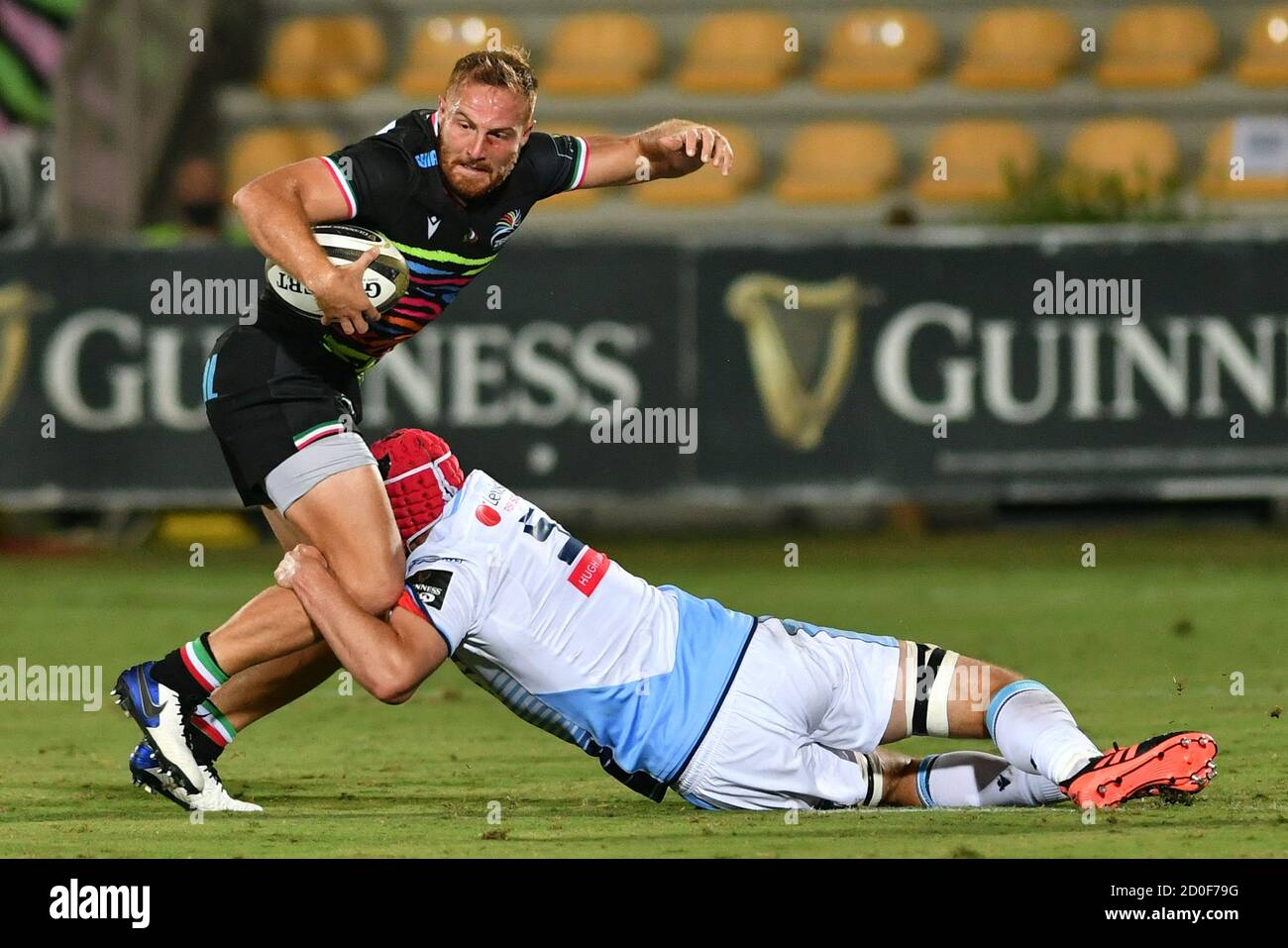 Parma, Italy. 02nd Oct, 2020. Captains battle: Giulio Bisegni (Zebre) stopped by Cory Hilli (Cardiff Blues) during Zebre vs Cardiff Blues, Rugby Guinness Pro 14 in parma, Italy, October 02 2020 Credit: Independent Photo Agency/Alamy Live News Stock Photo