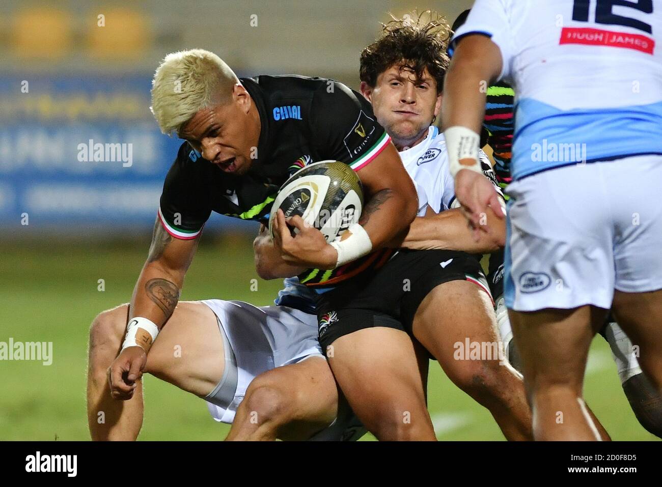 Junior Laloifi (Zebre) stopped by Lloyd Williams (Cardiff Blues) during Zebre vs Cardiff Blues, Rugby Guinness Pro 14, parma, Italy, 02 Oct 2020 Stock Photo