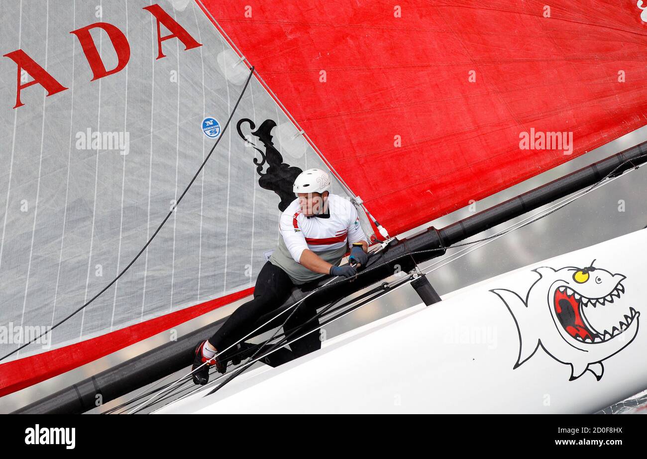Luna Rossa team Piranha competes with their multihulls during the America's Cup World Series regatta in Naples April 15, 2012.  REUTERS/Alessandro Bianchi (ITALY - Tags: SPORT YACHTING) Stock Photo