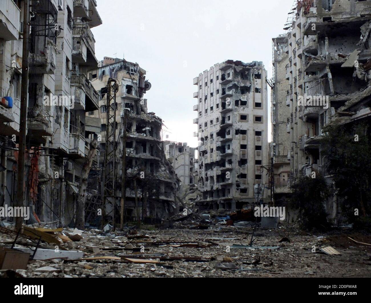 A general view of damaged buildings in Jouret al-Shayah, Homs February 2, 2013. Picture taken on February 2, 2013. REUTERS/Yazen Homsy (SYRIA - Tags: CONFLICT POLITICS CIVIL UNREST)  BEST QUALITY AVAILABLE Stock Photo