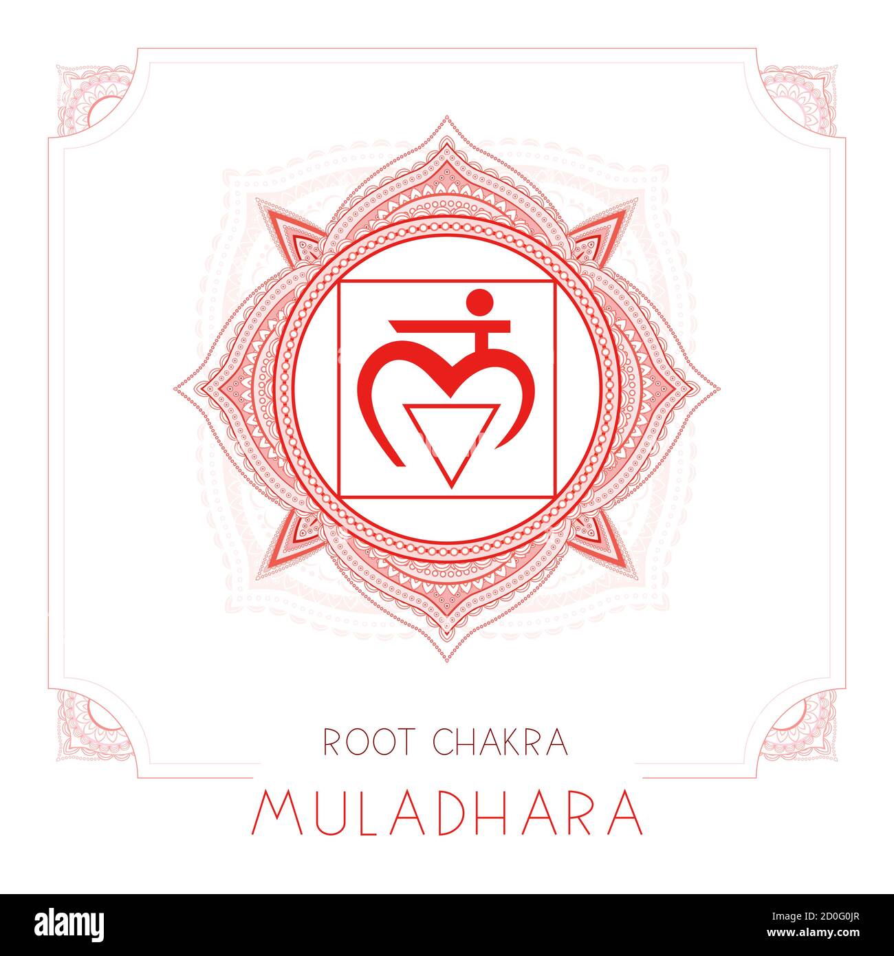 Vector illustration with symbol Muladhara - Root chakra and decorative frame on white background. Round mandala pattern and hand drawn lettering. Colo Stock Vector