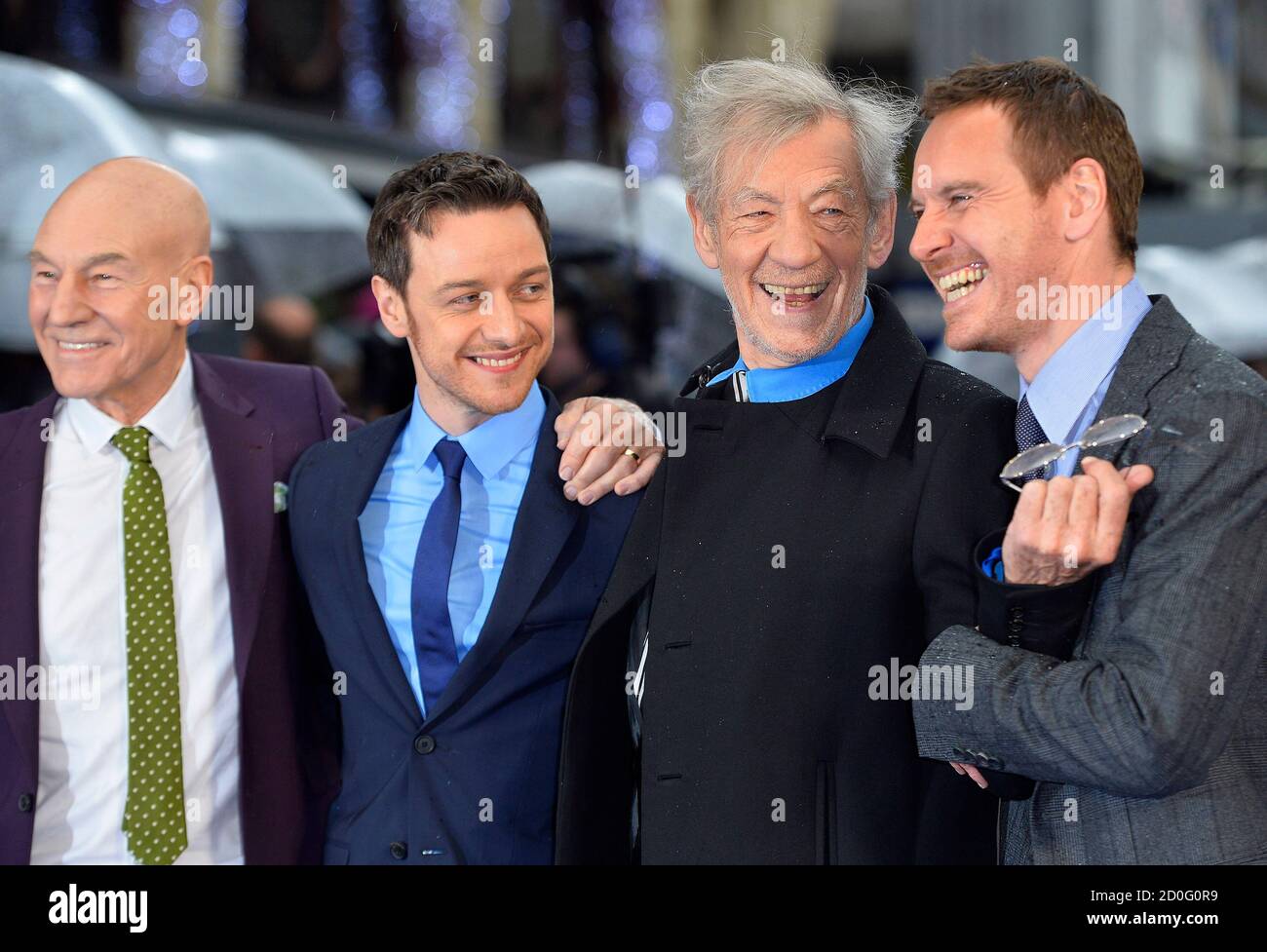British Actors Patrick Stewart L R James Mcavoy Ian Mckellen And Irish German Actor Michael Fassbender Arrive For The British Premiere Of X Men Days Of Future Past At Leicester Square In London May 12