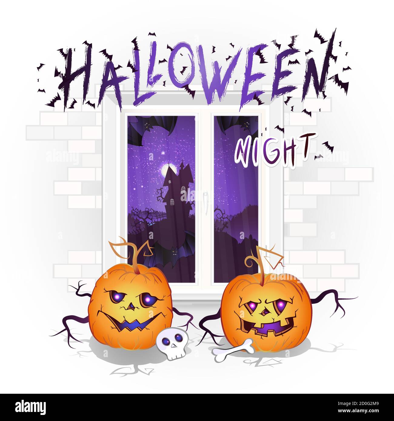 Vector Halloween illustration with window, pumpkins and hand drawn inscription on a brick light background. Night landscape with sinister castle and a Stock Vector